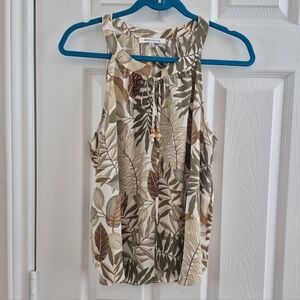 Rose & Olive Leaf Print Sleeveless Blouse - Green, Brown, Cream